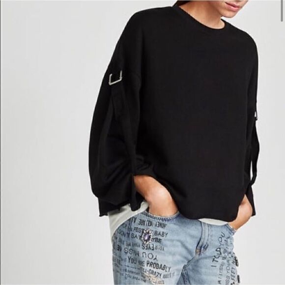Zara Buckle Sleeve Pulllover Sweatshirt Black S - Picture 2 of 6